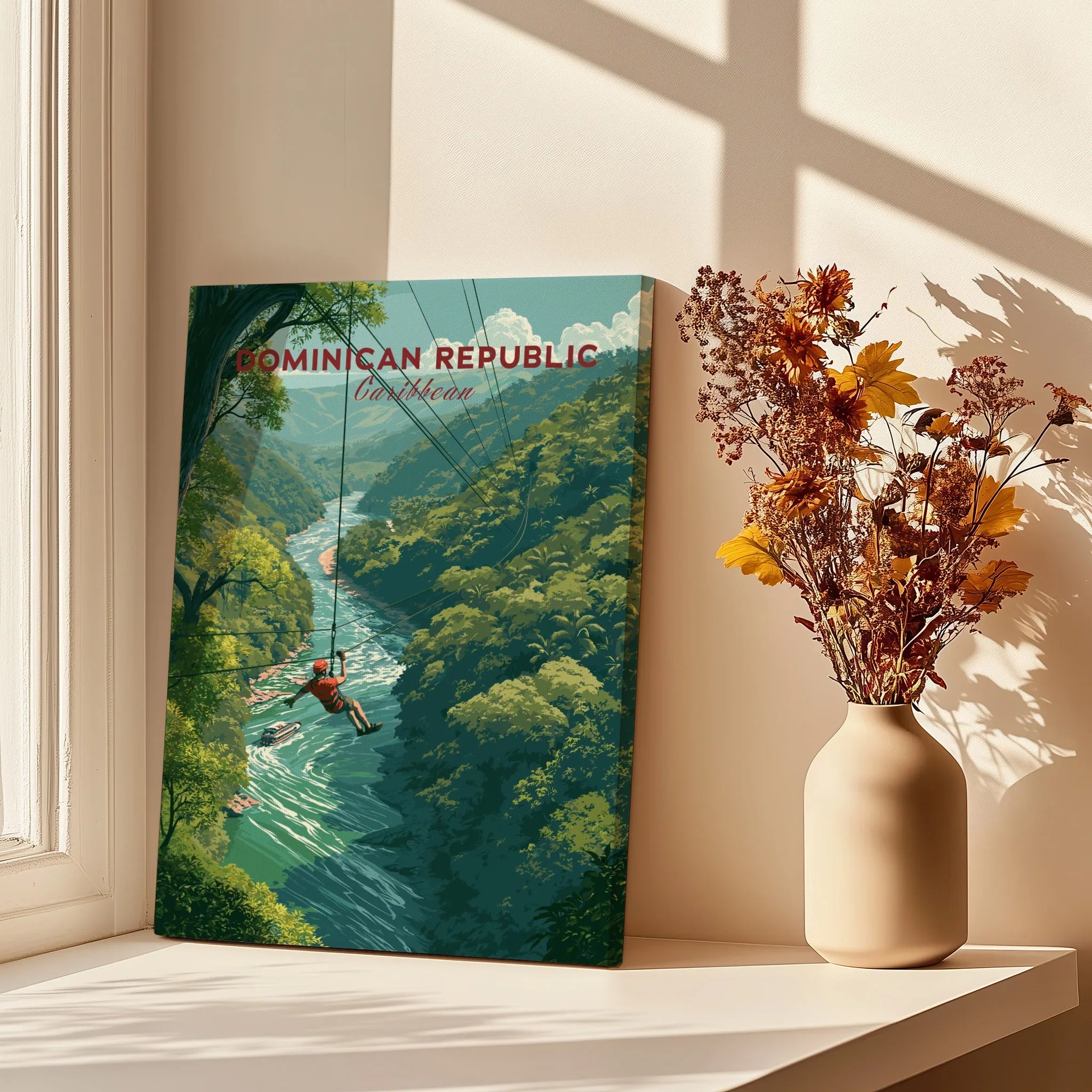 Dominican Republic travel poster with zipline over jungle river, Caribbean wall art for home decor