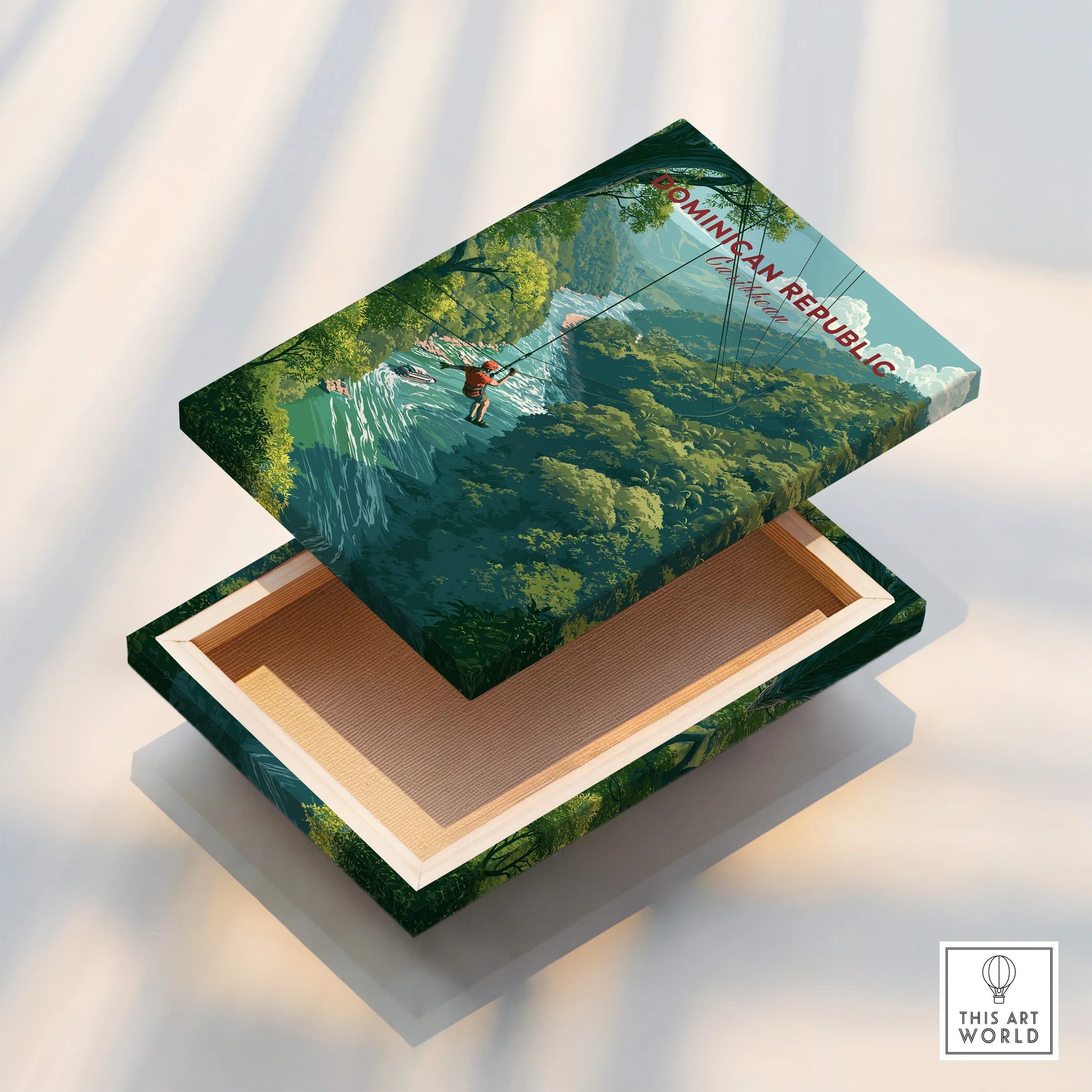 Dominican Republic travel poster canvas art featuring ziplining over lush jungle, perfect for home decor