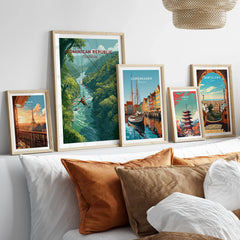Framed travel posters of Paris, Dominican Republic, Copenhagen, Tokyo, and Barcelona for wall art decor