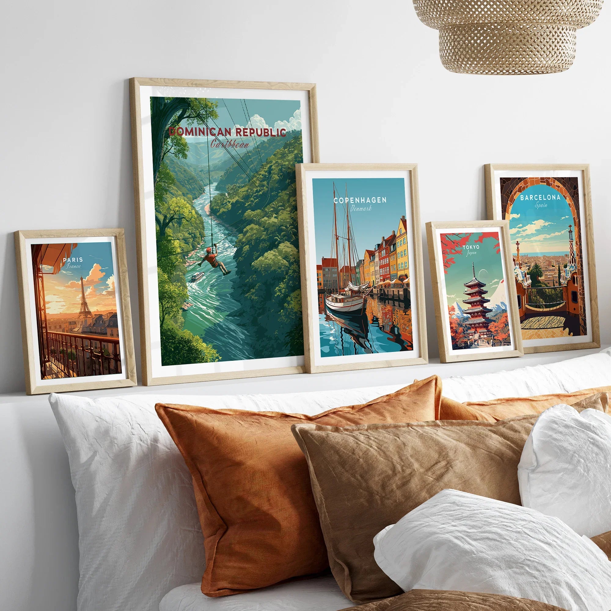 Framed travel posters of Paris, Dominican Republic, Copenhagen, Tokyo, and Barcelona for wall art decor