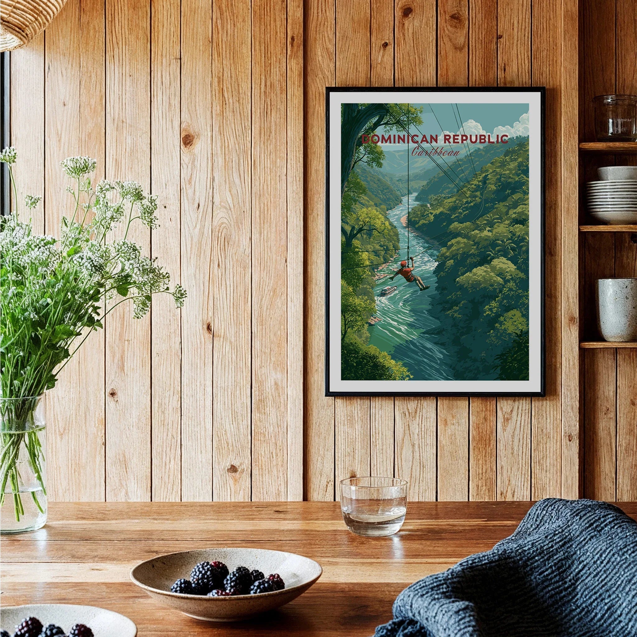Dominican Republic travel poster with zipline over river, Caribbean jungle wall art for home decor