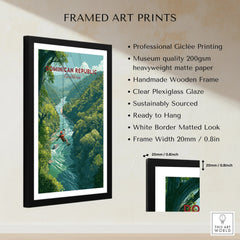 Framed Dominican Republic travel poster with jungle river, zipline, and vintage design for wall art decor