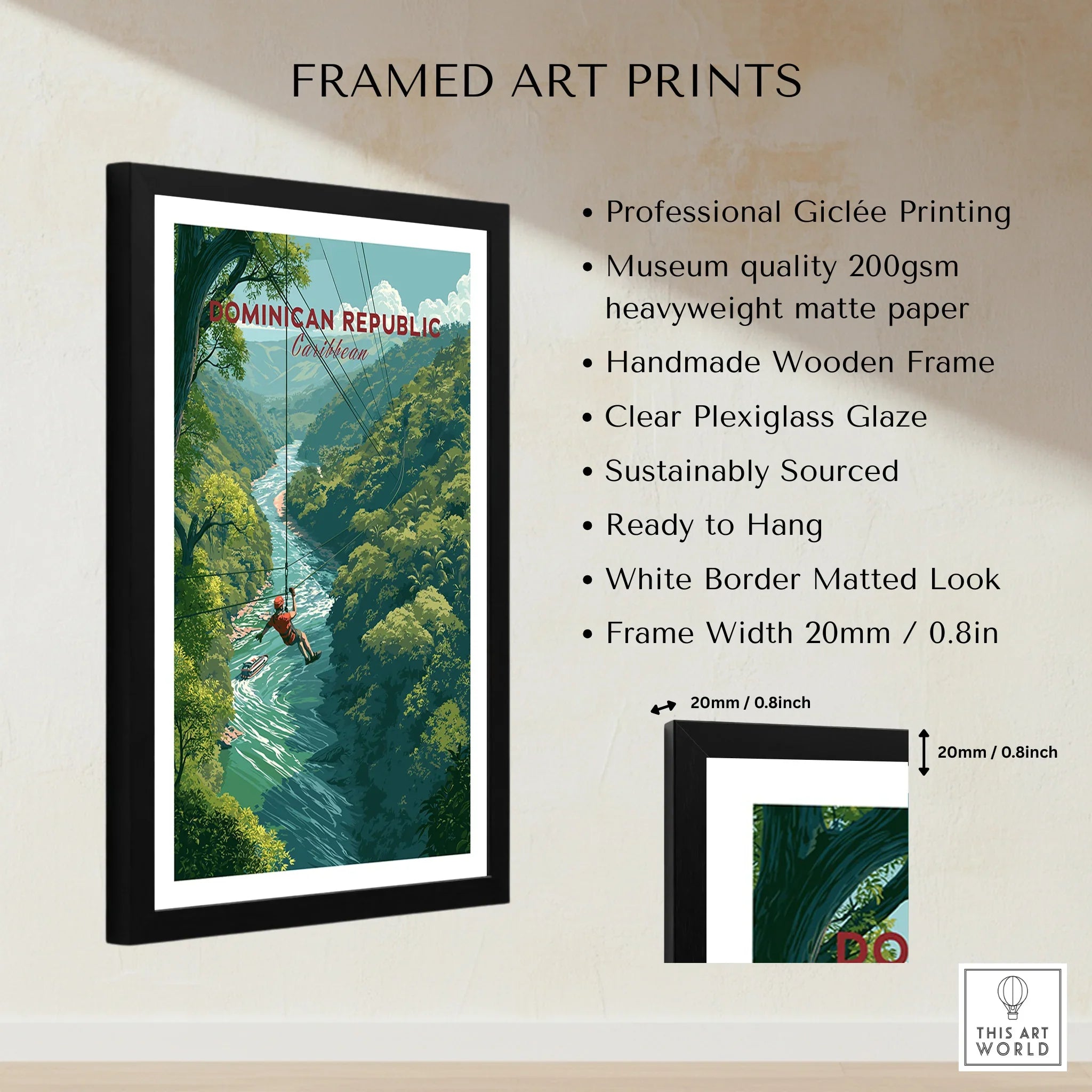 Framed Dominican Republic travel poster with jungle river, zipline, and vintage design for wall art decor