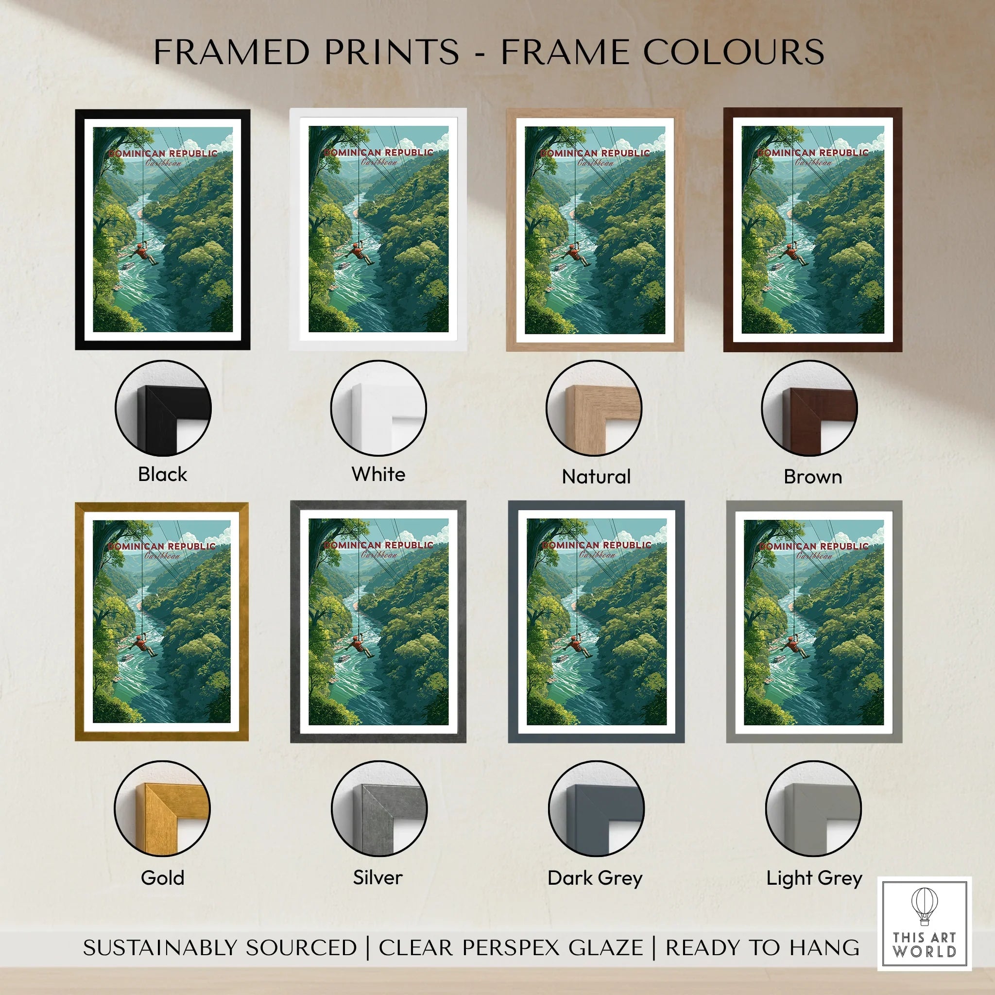 Dominican Republic travel poster in 8 frame colors: black, white, natural, brown, gold, silver, dark grey, light grey