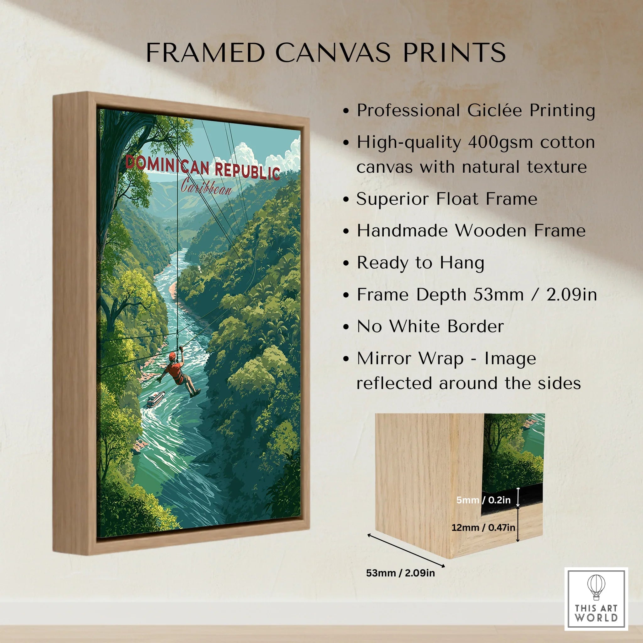 Dominican Republic travel poster print with zipline over jungle river, framed canvas wall art