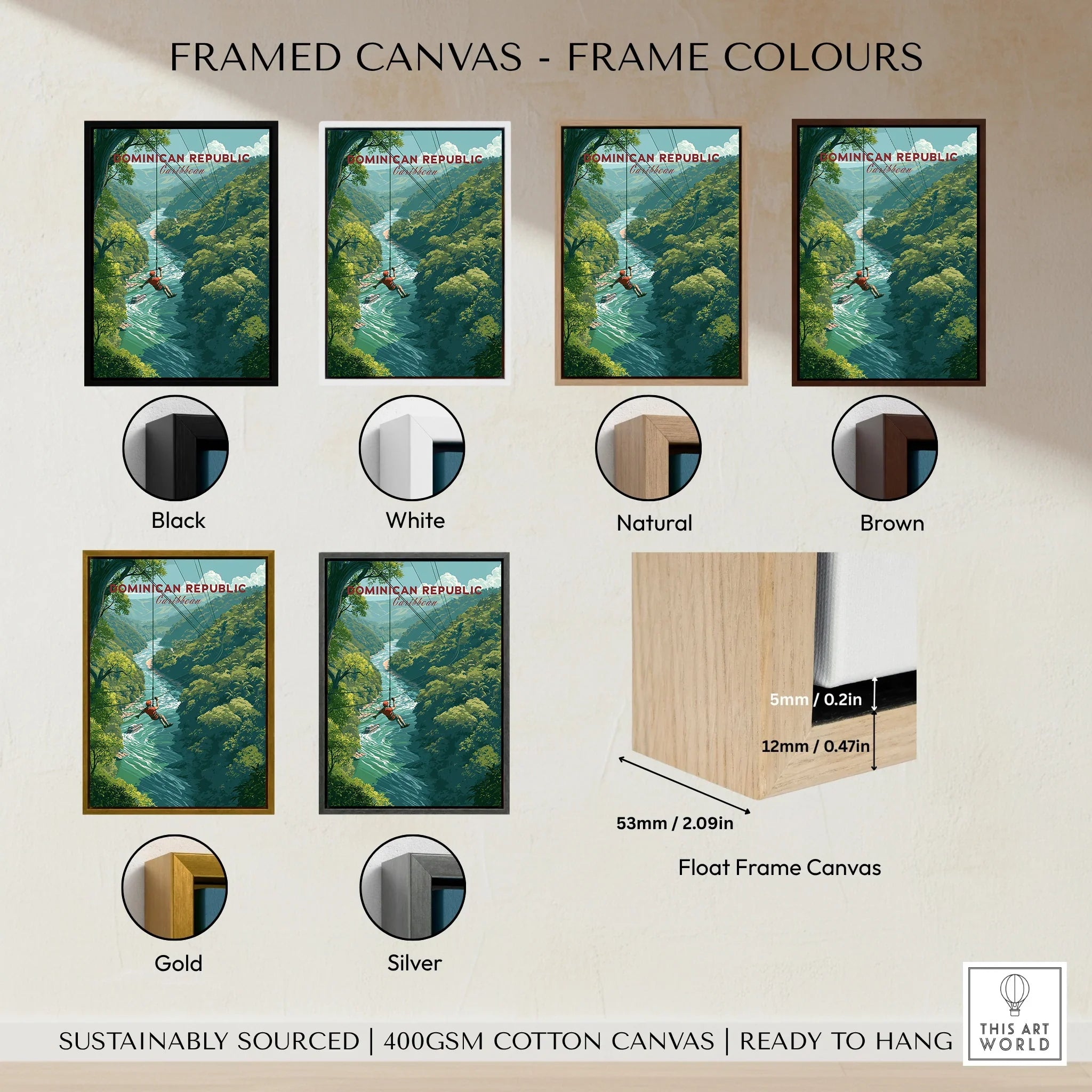 Dominican Republic travel poster in black, white, natural, brown, gold, and silver float frames, ready to hang