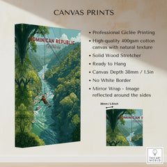 Dominican Republic travel poster canvas print featuring lush jungle, river, and zipline adventure for home wall art.