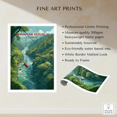 Dominican Republic travel poster with zipline over jungle river, fine art print, ready to frame