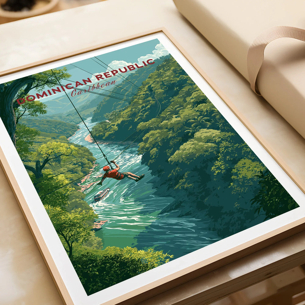 Dominican Republic travel poster with zipline adventure over jungle river, Caribbean wall art print