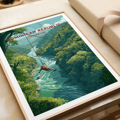 Dominican Republic travel poster with zipline adventure over jungle river, Caribbean wall art print