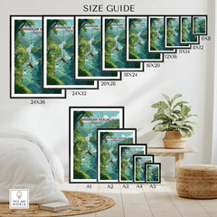 Dominican Republic travel poster size guide for wall art, featuring jungle river ziplining scene in various frame sizes.