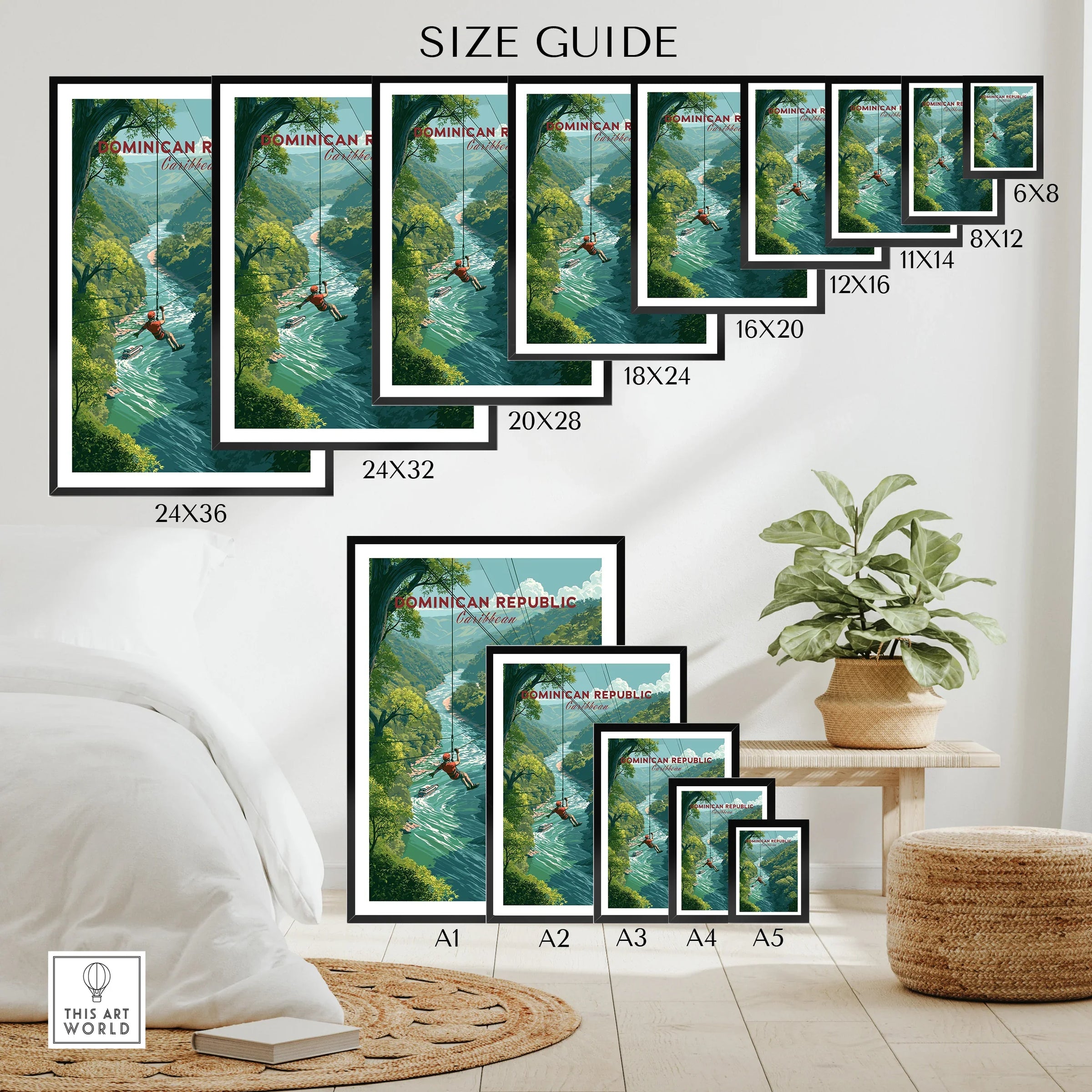 Dominican Republic travel poster size guide for wall art, featuring jungle river ziplining scene in various frame sizes.