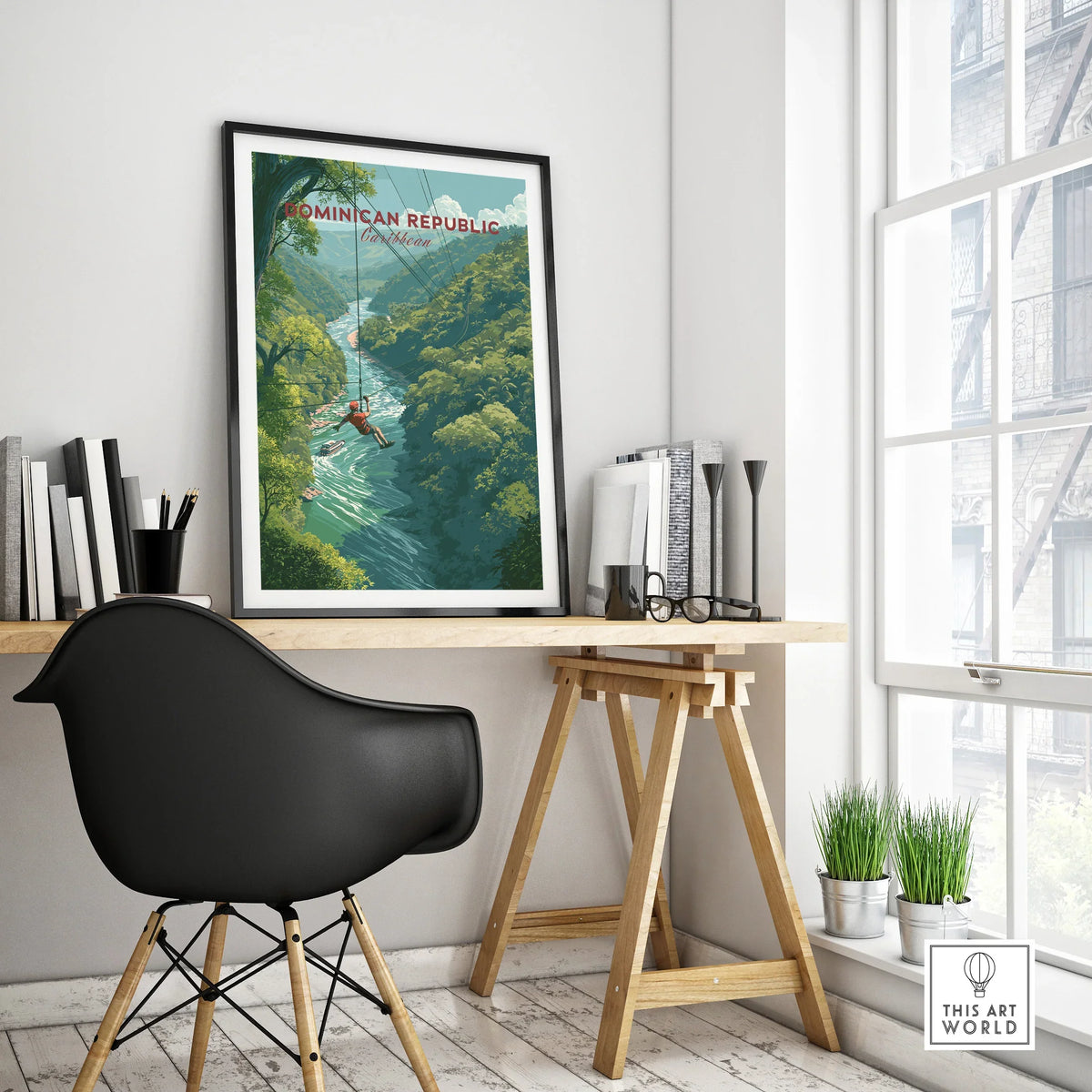 Dominican Republic travel poster with zipline over jungle river, framed wall art for home decor