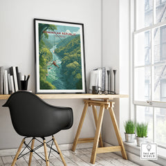 Dominican Republic travel poster with zipline over jungle river, framed wall art for home decor