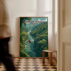 Dominican Republic travel poster with zipliner over river, lush jungle art for home decor