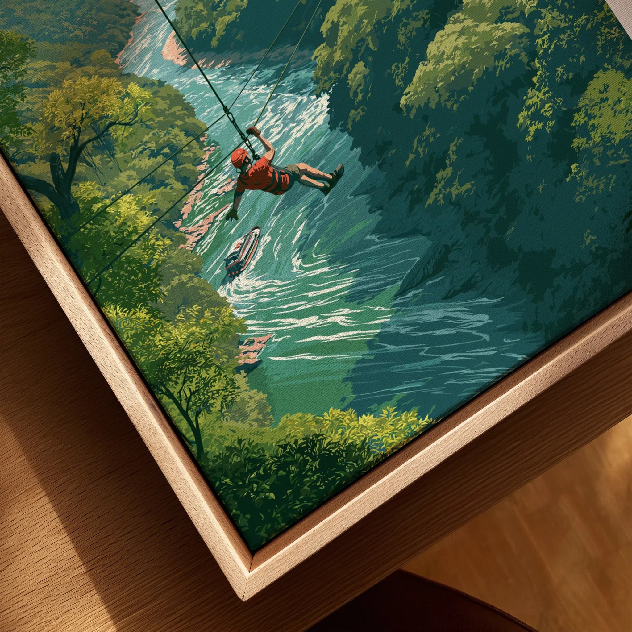 Adventure travel poster with zipliner over river, lush forest wall art for home decor