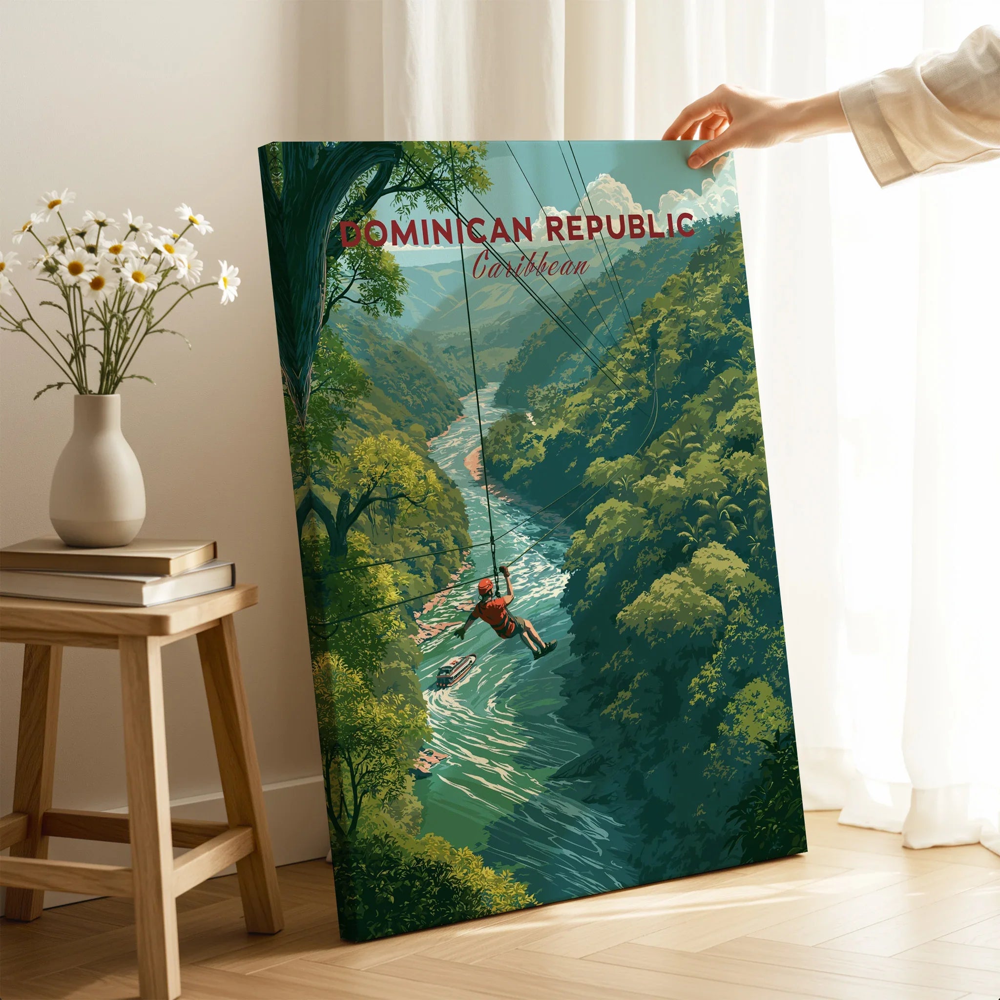 Dominican Republic Caribbean travel poster with zipline over jungle river, perfect wall art for home decor