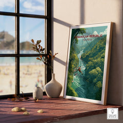 Dominican Republic travel poster with zipline over jungle river, framed wall art for home decor