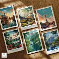 Framed travel posters of Venice, Paris, Highlands, Singapore, Dominican Republic, Sri Lanka on wood wall