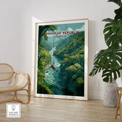 Dominican Republic Caribbean travel poster with zipline over jungle river, framed wall art for home decor