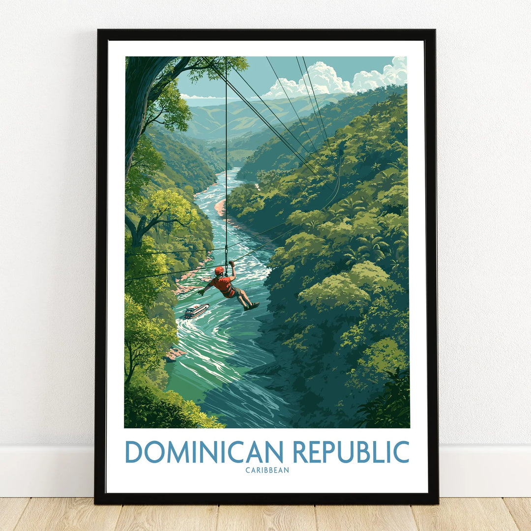 Dominican Republic travel poster with ziplining over jungle river, Caribbean adventure wall art