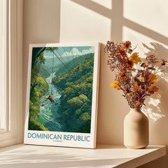 Dominican Republic travel poster with zipline over jungle river, Caribbean wall art for home decor