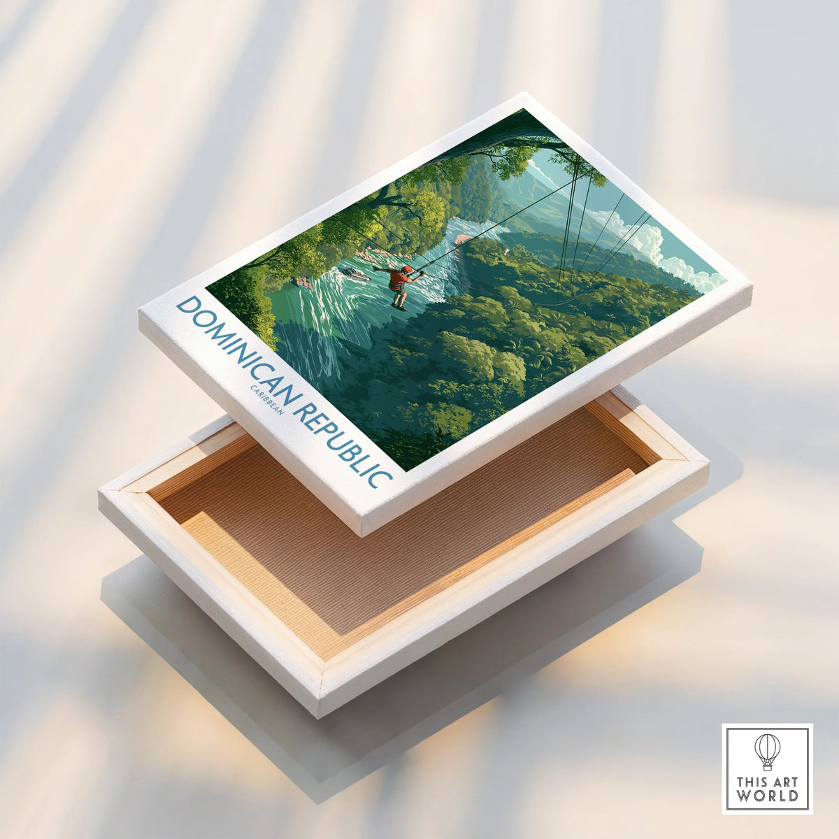 Dominican Republic travel poster canvas art featuring jungle zipline adventure, perfect wall decor