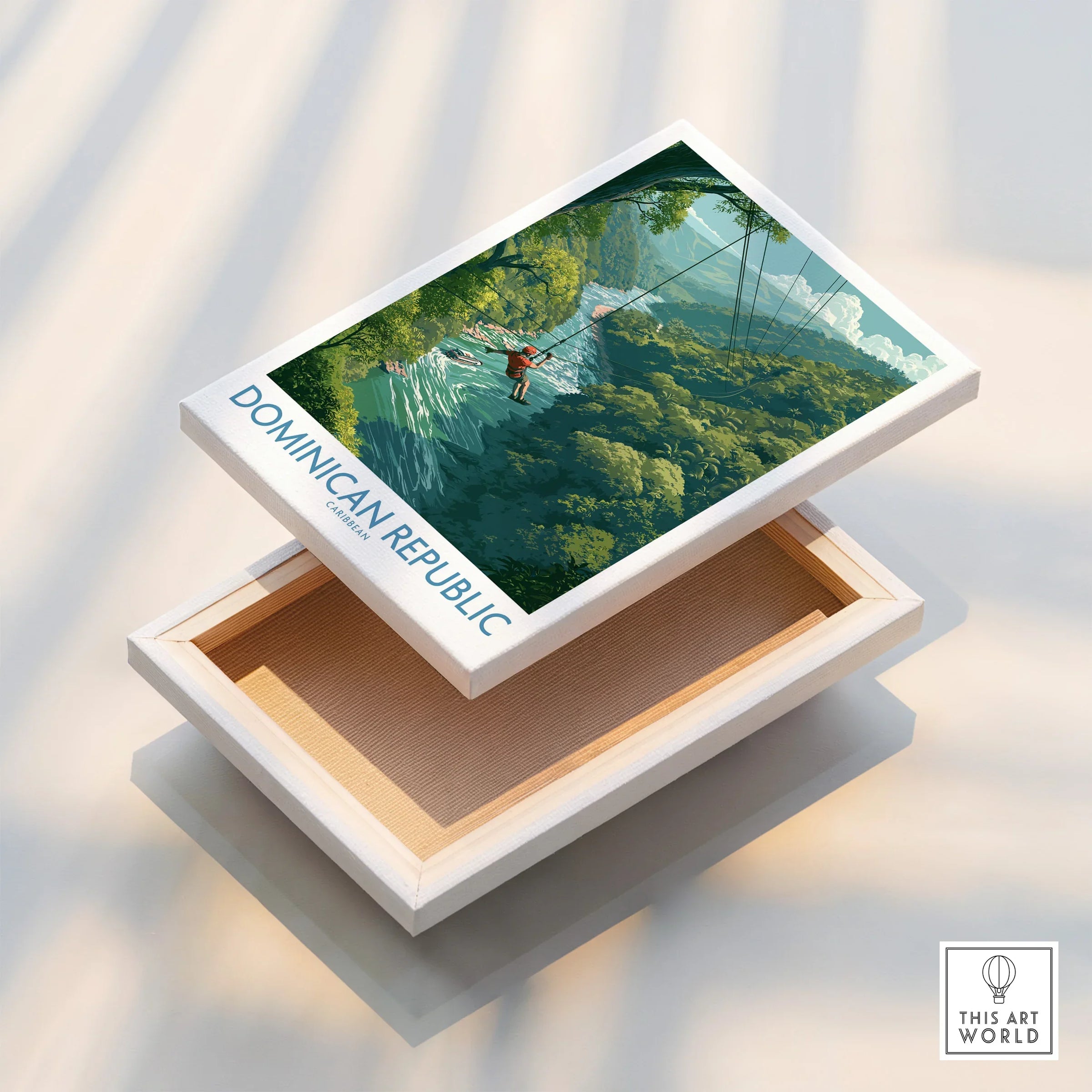 Dominican Republic travel poster canvas art featuring jungle zipline adventure, perfect wall decor
