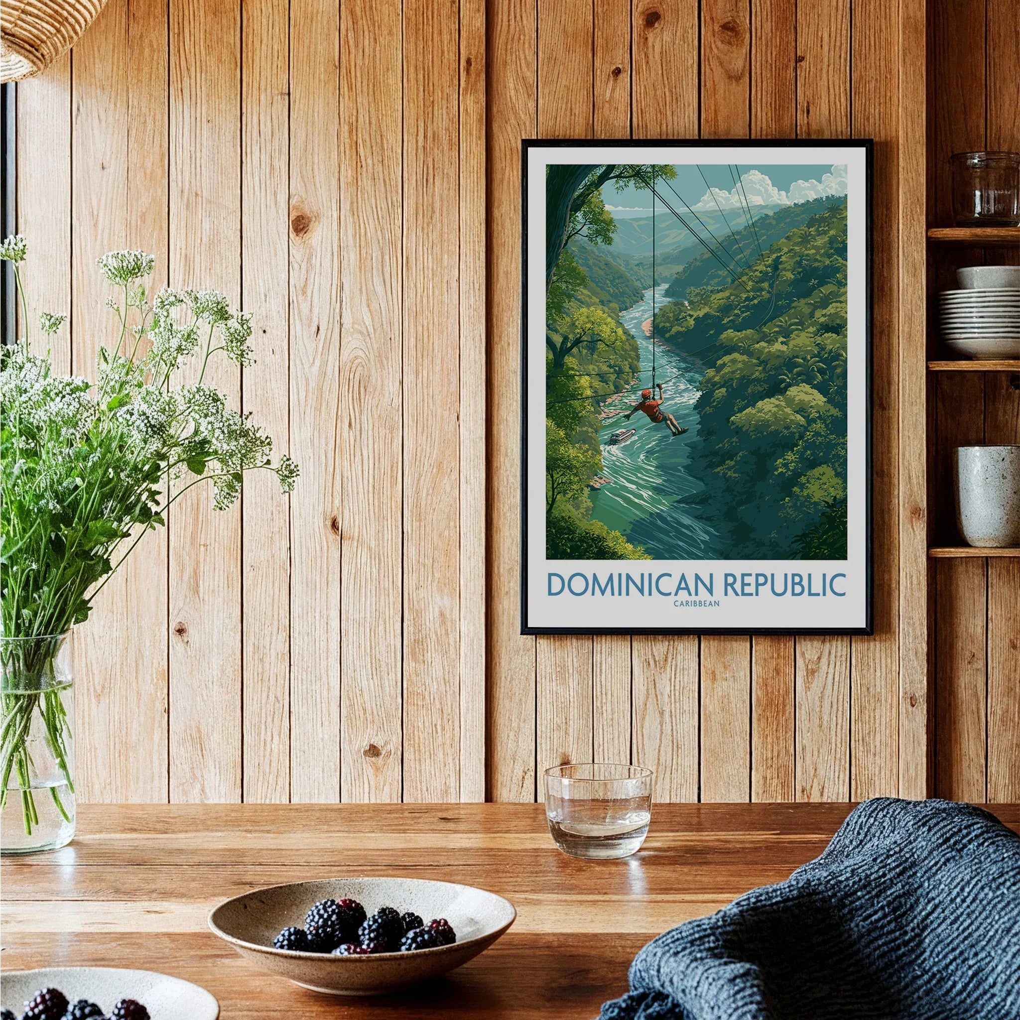 Dominican Republic travel poster with zipline over river, lush jungle, Caribbean wall art for home decor