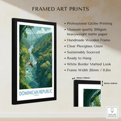 Framed Dominican Republic travel poster with jungle river zipline, perfect for wall art decor