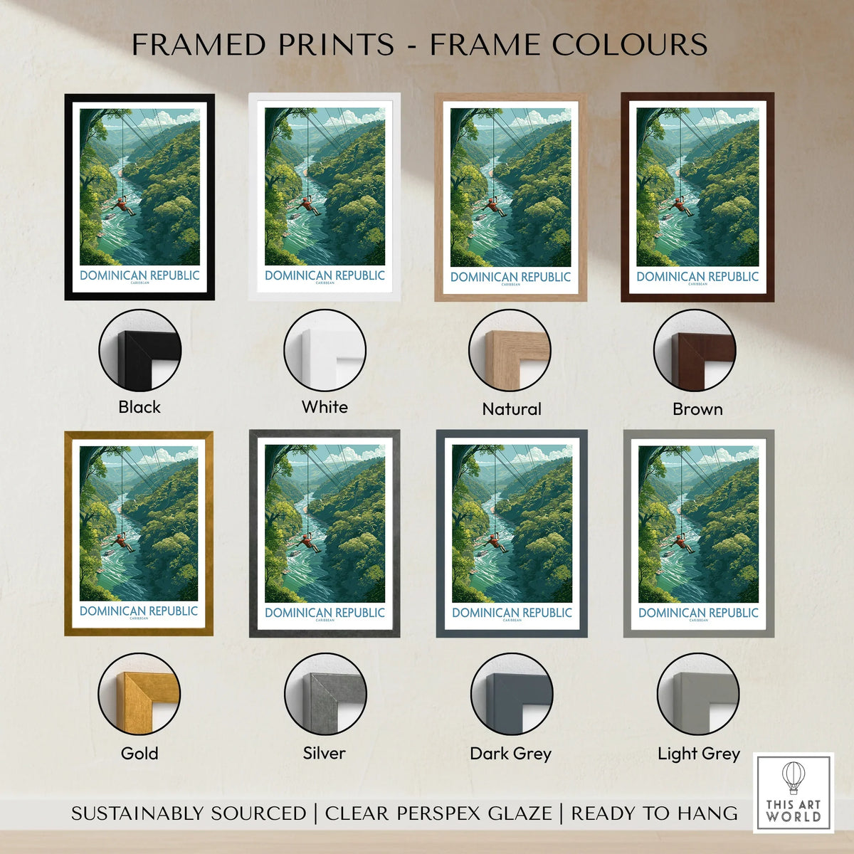 Dominican Republic travel poster in 8 frame colors: black, white, natural, brown, gold, silver, dark grey, light grey