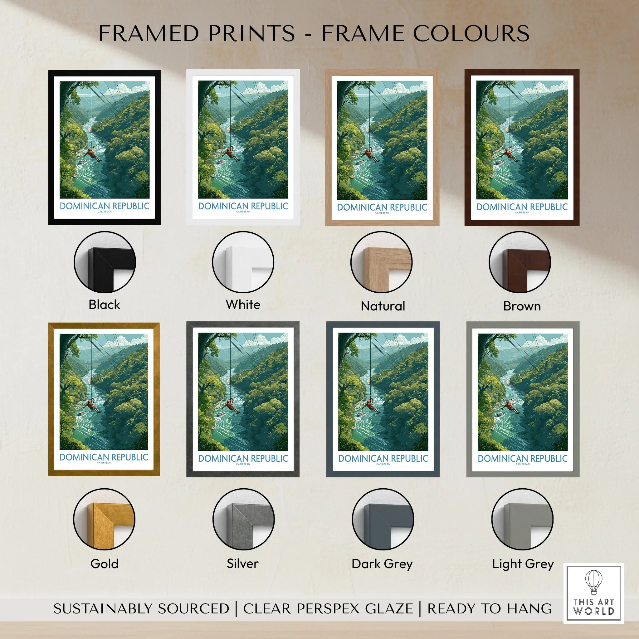 Dominican Republic travel poster in 8 frame colors: black, white, natural, brown, gold, silver, dark grey, light grey