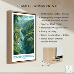 Framed canvas print of Dominican Republic travel poster with zipline over jungle river, handmade wood frame