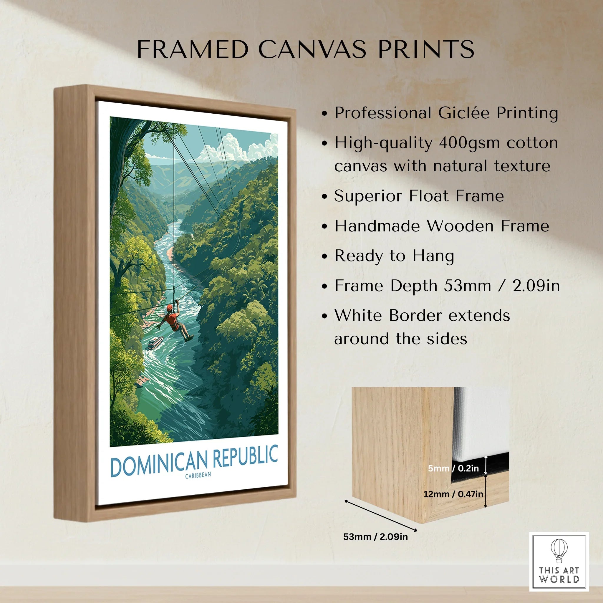 Framed canvas print of Dominican Republic travel poster with zipline over jungle river, handmade wood frame