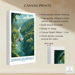Dominican Republic travel poster canvas print with zipline over jungle river, ready to hang wall art