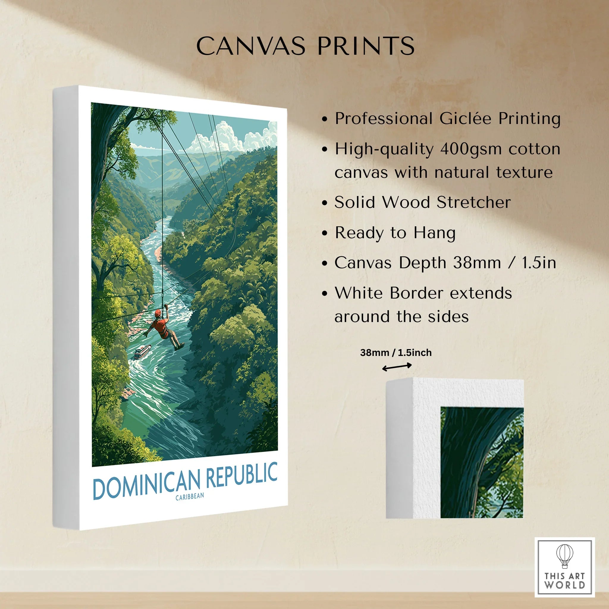 Dominican Republic travel poster canvas print with zipline over jungle river, ready to hang wall art