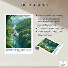 Dominican Republic travel poster featuring ziplining over lush jungle river, fine art print ready to frame