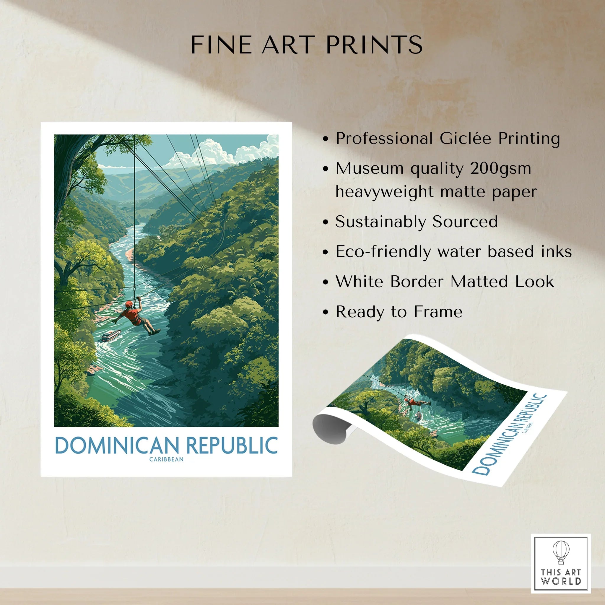 Dominican Republic travel poster featuring ziplining over lush jungle river, fine art print ready to frame