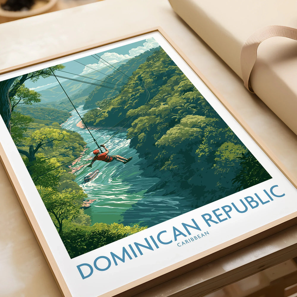 Dominican Republic travel poster with ziplining adventure over river, lush jungle, Caribbean wall art