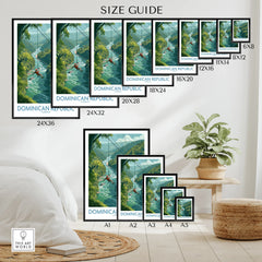 Dominican Republic travel poster size guide, featuring ziplining over lush river valleys, ideal for wall art decor.