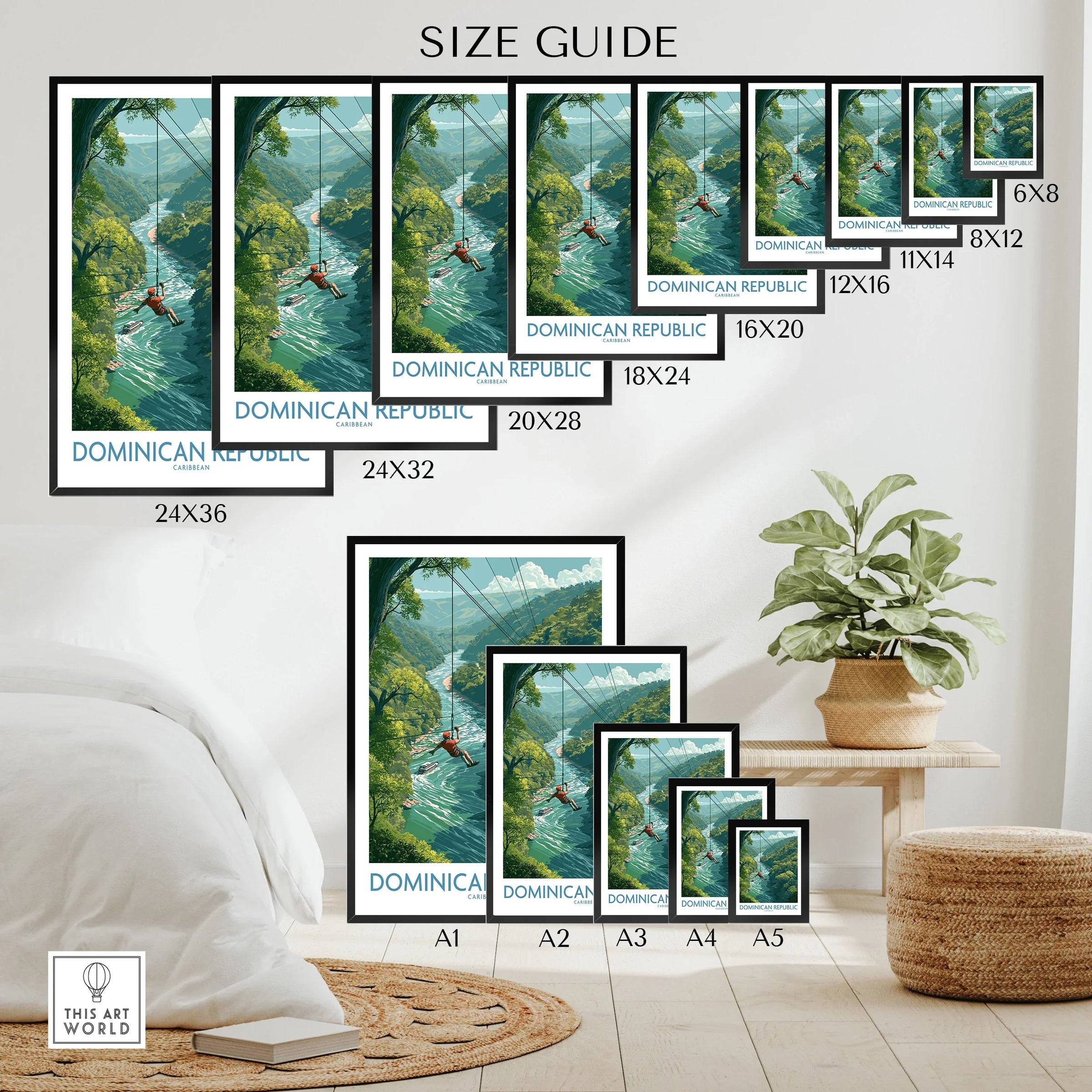 Dominican Republic travel poster size guide, featuring ziplining over lush river valleys, ideal for wall art decor.