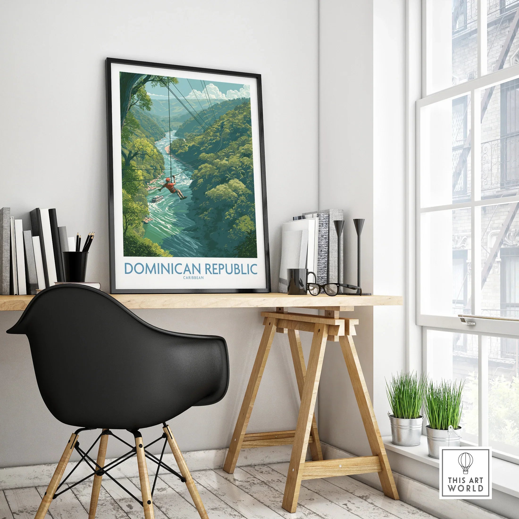 Dominican Republic travel poster featuring ziplining over lush jungle river, perfect for home wall art decor.