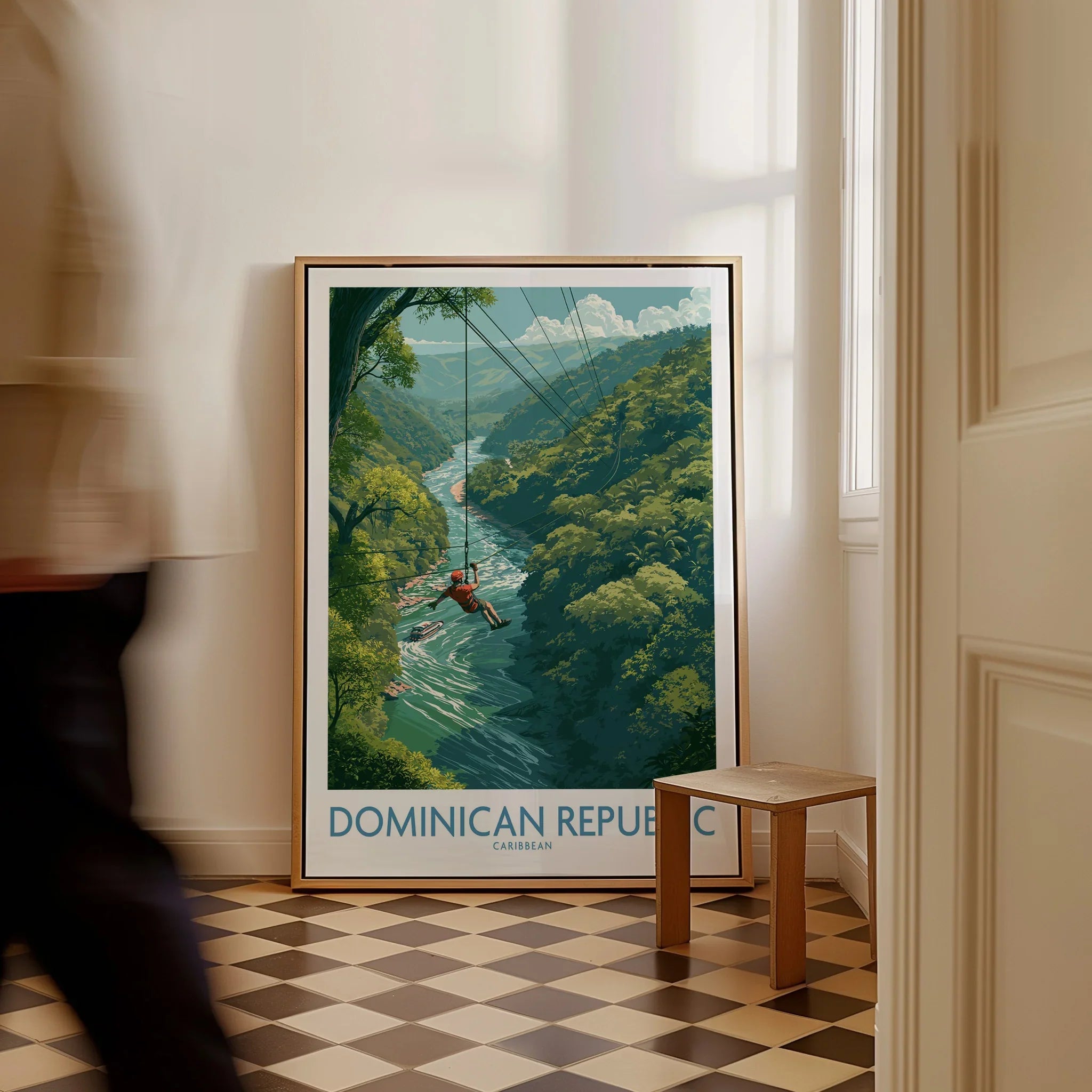 Dominican Republic travel poster with zipline over jungle river, Caribbean wall art for home decor