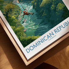 Dominican Republic Caribbean travel poster with zipliner over river, framed wall art for home decor
