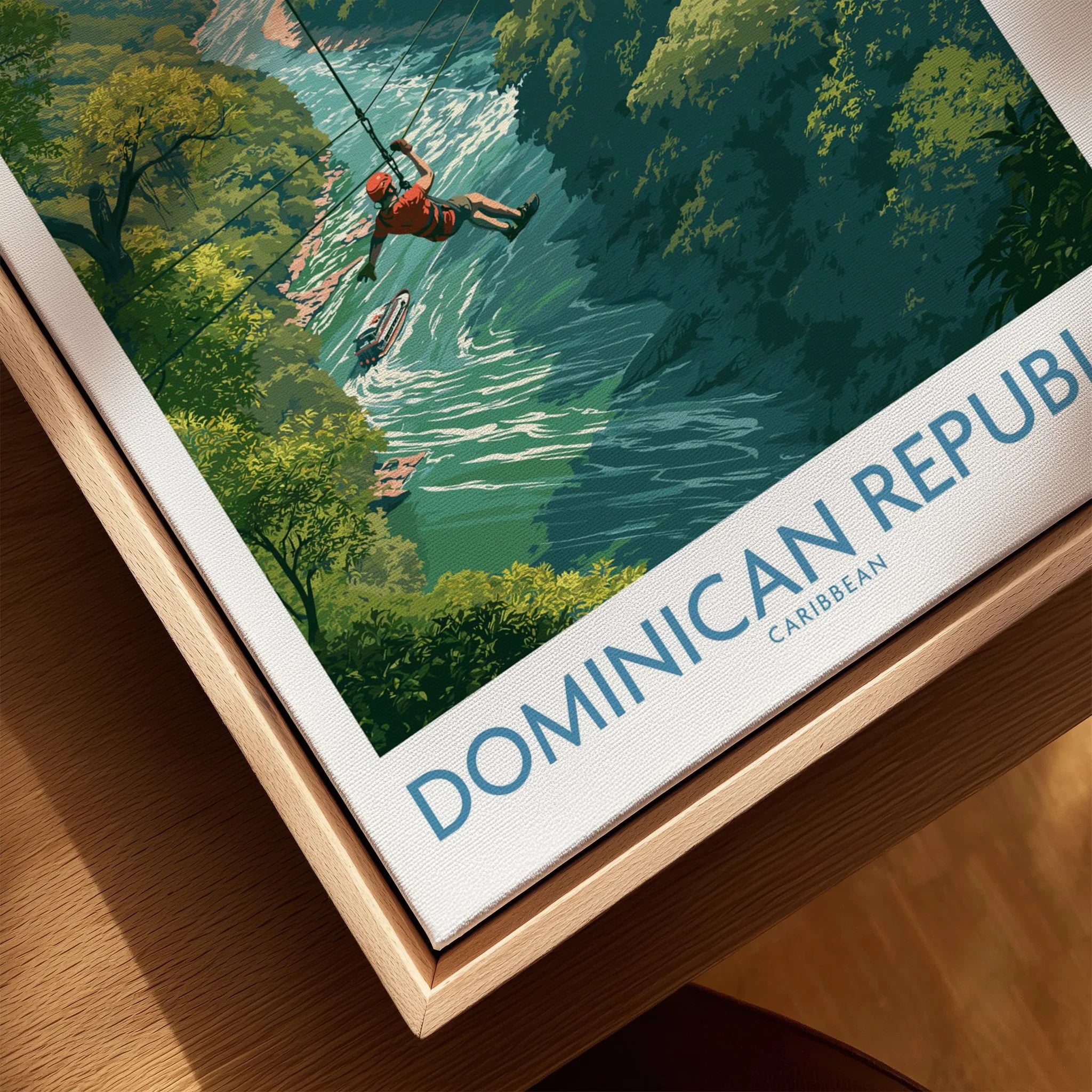 Dominican Republic Caribbean travel poster with zipliner over river, framed wall art for home decor