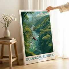 Dominican Republic travel poster with zipline over jungle river, Caribbean wall art for home decor