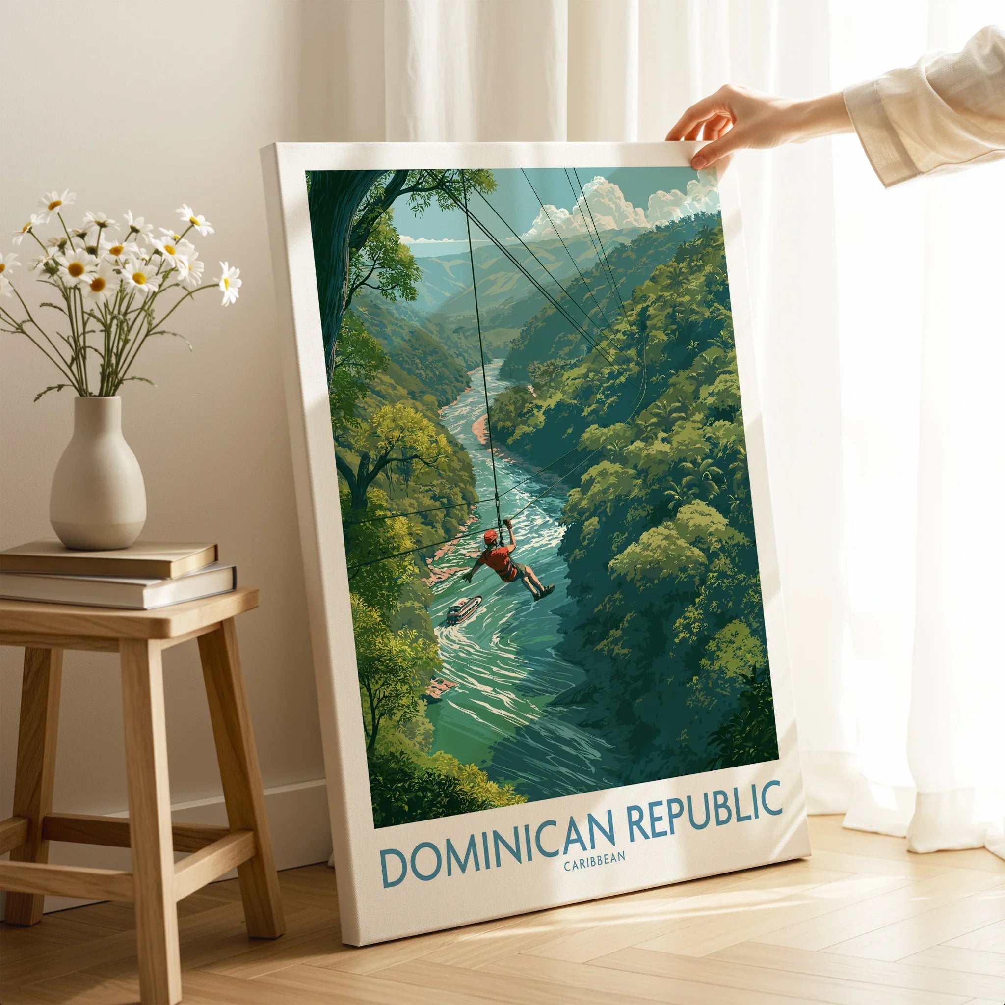 Dominican Republic travel poster with zipline over jungle river, Caribbean wall art for home decor