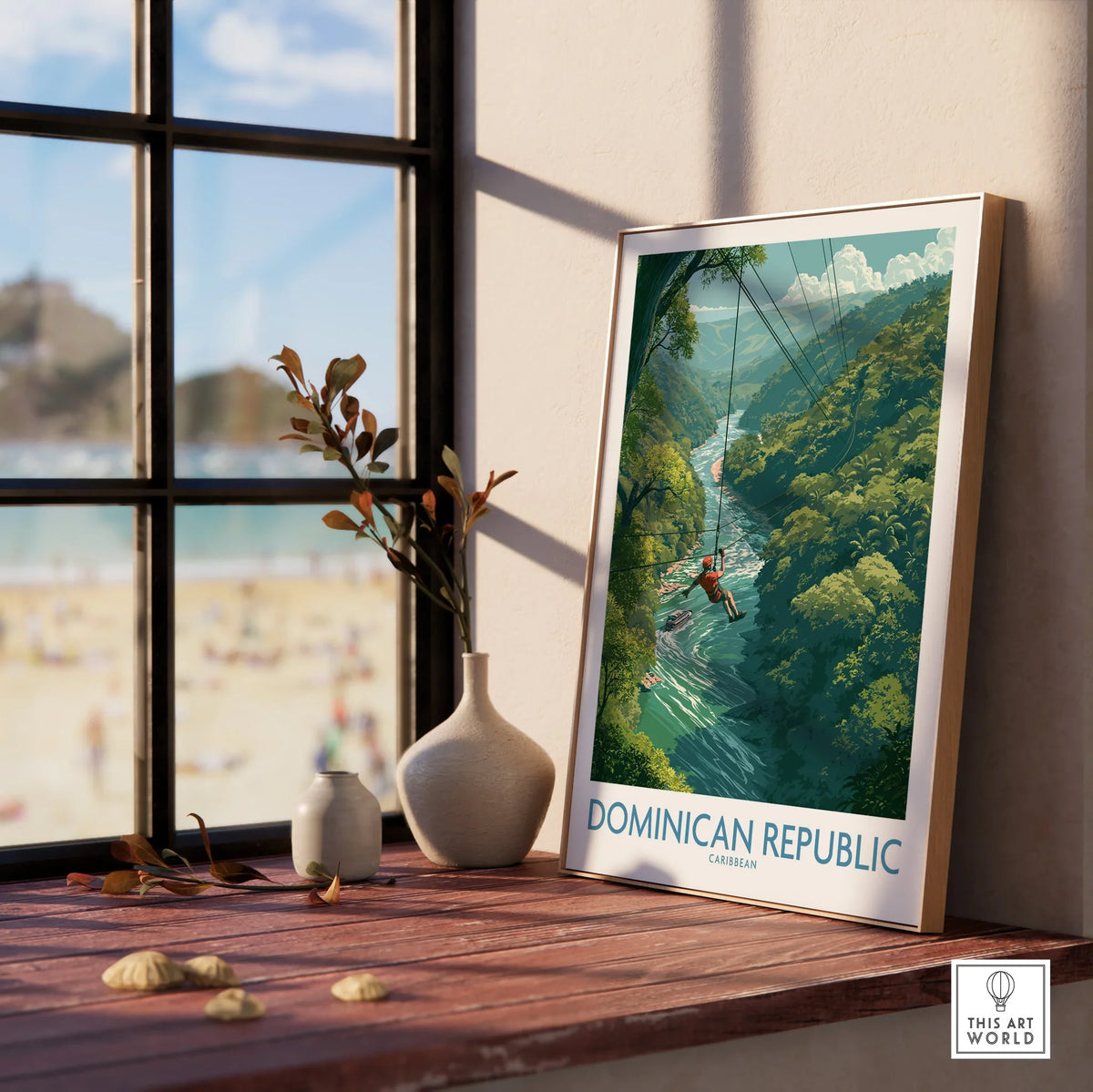 Dominican Republic travel poster with zipline over jungle river, Caribbean wall art for home decor