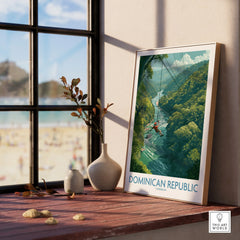 Dominican Republic travel poster with zipline over jungle river, Caribbean wall art for home decor