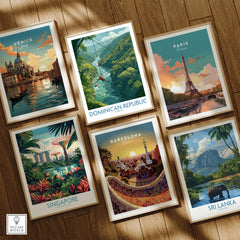 Framed travel posters of Venice, Paris, Barcelona, Singapore, Sri Lanka, and Dominican Republic for wall art decor